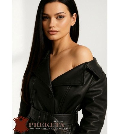 Klasikinis moteriškas natūralios odos lietpaltis (2025 m. modelis)