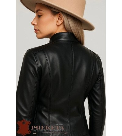 Įliemenuotas moteriškas natūralios odos švarkas (2025 m. modelis) su pailgomis kniedėmis