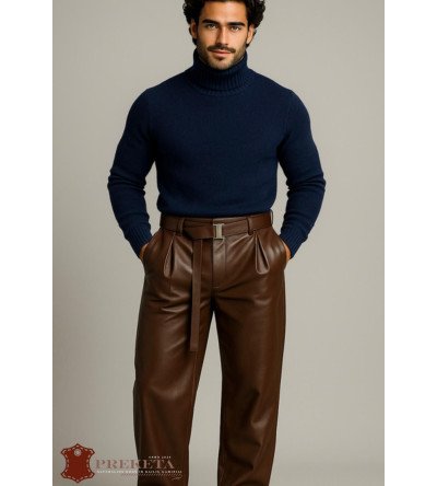 Vyriškos odinės kelnės su aukštu liemeniu su integruotu diržu