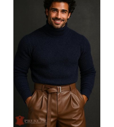 Vyriškos odinės kelnės su aukštu liemeniu su integruotu diržu