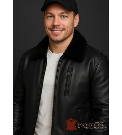 Vyriška natūralios odos striukė su kailio apykakle ir avikailio pamušalu