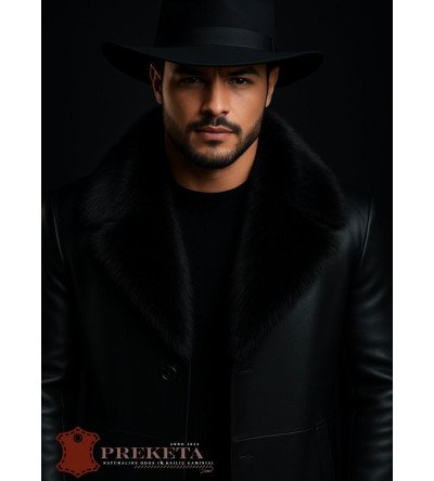 Vyriškas ilgas odinis paltas su natūralaus juodos lapės kailio apykakle