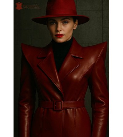 Raudonas natūralios odos moteriškas paltas su išraiškingais petukais