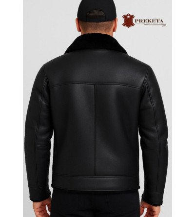 Vyriška natūralios odos striukė su kailio apykakle ir avikailio pamušalu