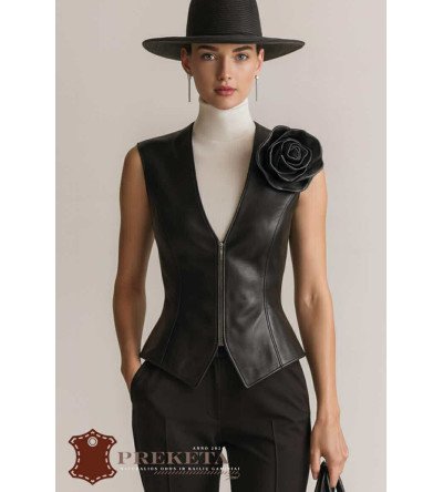 Juoda odinė liemenė su užtrauktuku ir dekoratyvine gėle