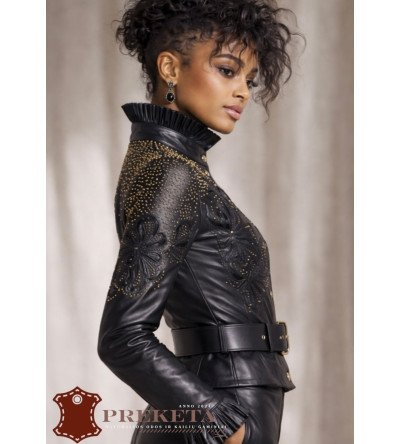 Rankų darbo moteriška odinė striukė su dekoratyviniais reljefais ir diržu