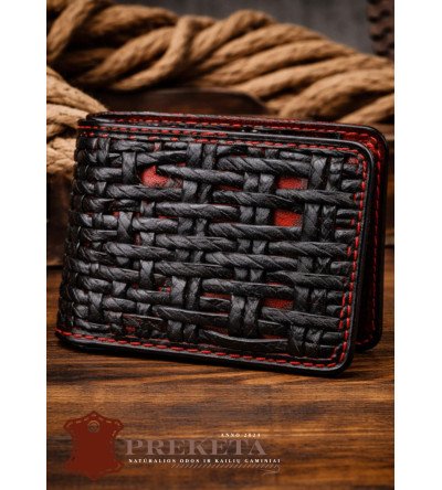 Vyriška rankų darbo odinė piniginė - juoda pinta su raudonu pagrindu
