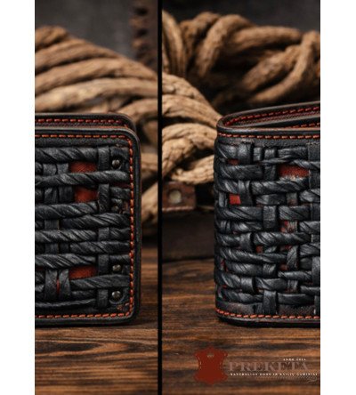 Vyriška rankų darbo odinė piniginė - juoda pinta su raudonu pagrindu