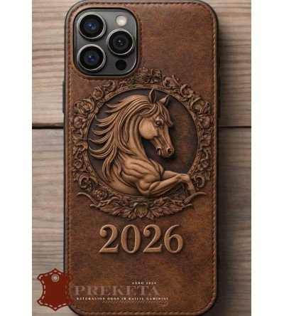 Itališkas vyriškas natūralios odos telefono dėklas „2026 Ugninio Arklio Metai“