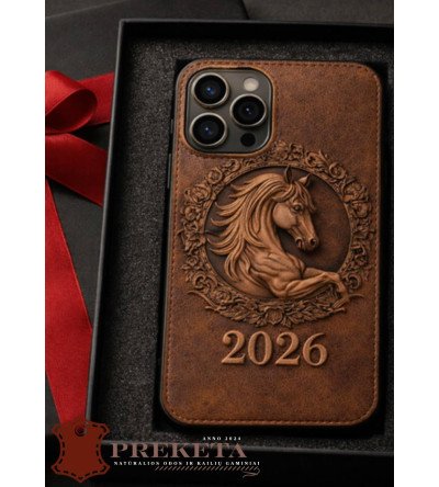 Itališkas vyriškas natūralios odos telefono dėklas „2026 Ugninio Arklio Metai“