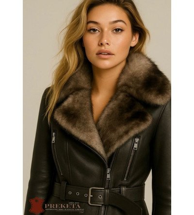 Klasikinio ir modernaus stiliaus moteriška žieminė avies kailio striukė su lapės kailio apykakle