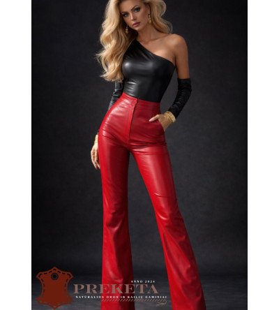 Raudonos natūralios odos moteriškos kelnės