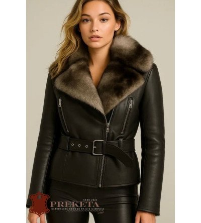 Klasikinio ir modernaus stiliaus moteriška žieminė avies kailio striukė su lapės kailio apykakle