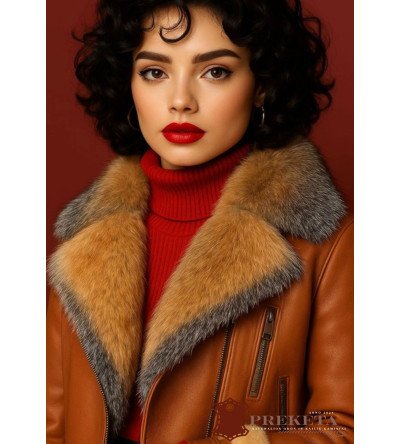 Klasikinio ir modernaus stiliaus ruda moteriška žieminė avies kailio striukė su lapės kailio apykakle