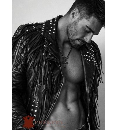 Itališka vyriška natūralios odos striukė su kniedėmis ir odiniais raišteliais