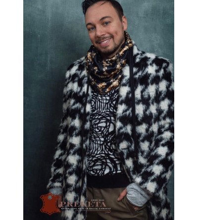 Itališkas vyriškas natūralaus audinės kailio paltas su šachmatų lentos raštu