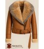 Klasikinio ir modernaus stiliaus ruda moteriška žieminė avies kailio striukė su lapės kailio apykakle