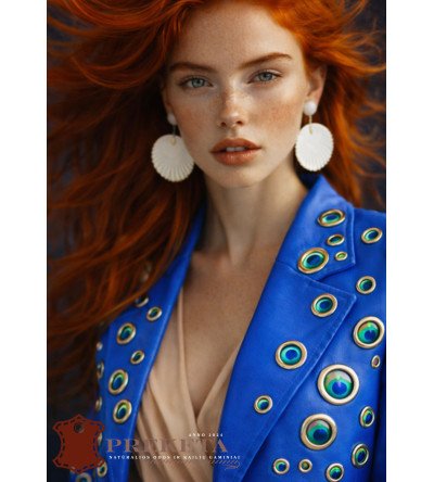 Moteriškas natūralios odos švarkas su dekoratyvinėmis povo akučių kniedėmis