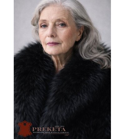 Juodas (moteriškas) natūralaus audinės kailio paltas su šilko pamušalu