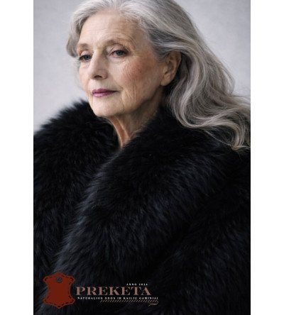 Juodas (moteriškas) natūralaus audinės kailio paltas su šilko pamušalu