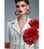 Moteriškas natūralios odos švarkas su raudonomis odinėmis gėlėmis