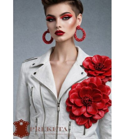 Moteriškas natūralios odos švarkas su raudonomis odinėmis gėlėmis