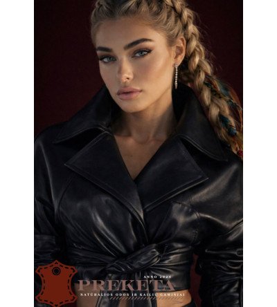 Trumpinto silueto natūralios odos švarkas su dirželiais