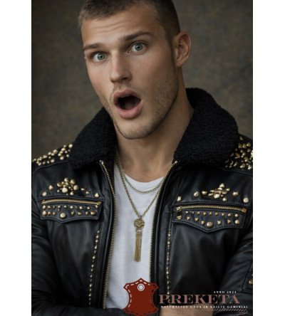 Vyriška natūralios avies odos striukė – švarkas su reljefinėmis aukso detalėmis