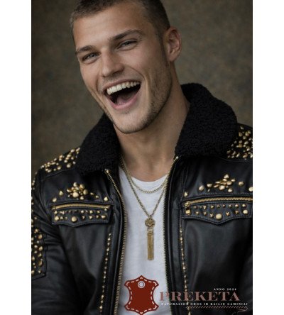 Vyriška natūralios avies odos striukė – švarkas su reljefinėmis aukso detalėmis