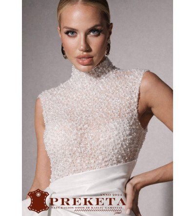 Prabangi suknelė su karoliukais siuvinėtu viršumi ir baltos natūralios odos apačia (sijonu)