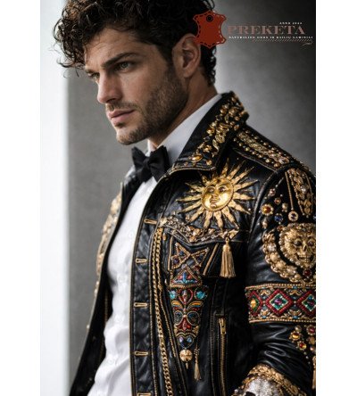 Rankų darbo akcentais dekoruota itališka vyriška odinė striukė