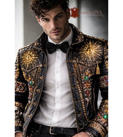 Rankų darbo akcentais dekoruota itališka vyriška odinė striukė