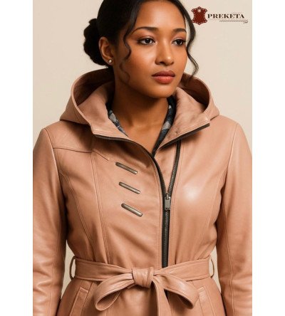 Moteriška perlamutrinė natūralios avies odos striukė su gobtuvu