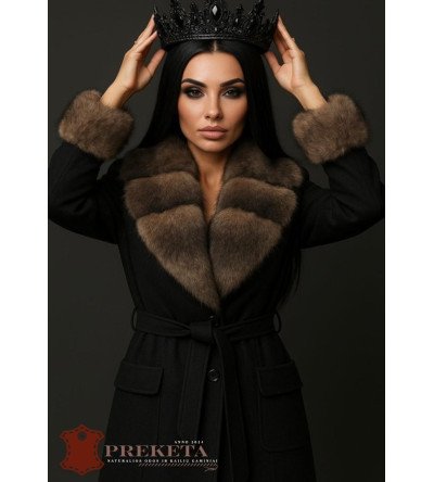 Prabangus moteriškas paltas su kašmyru ir natūralaus lapės kailio apykakle